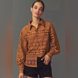 La Maise Studio Elegant Lace Button-Down Shirt - Tan